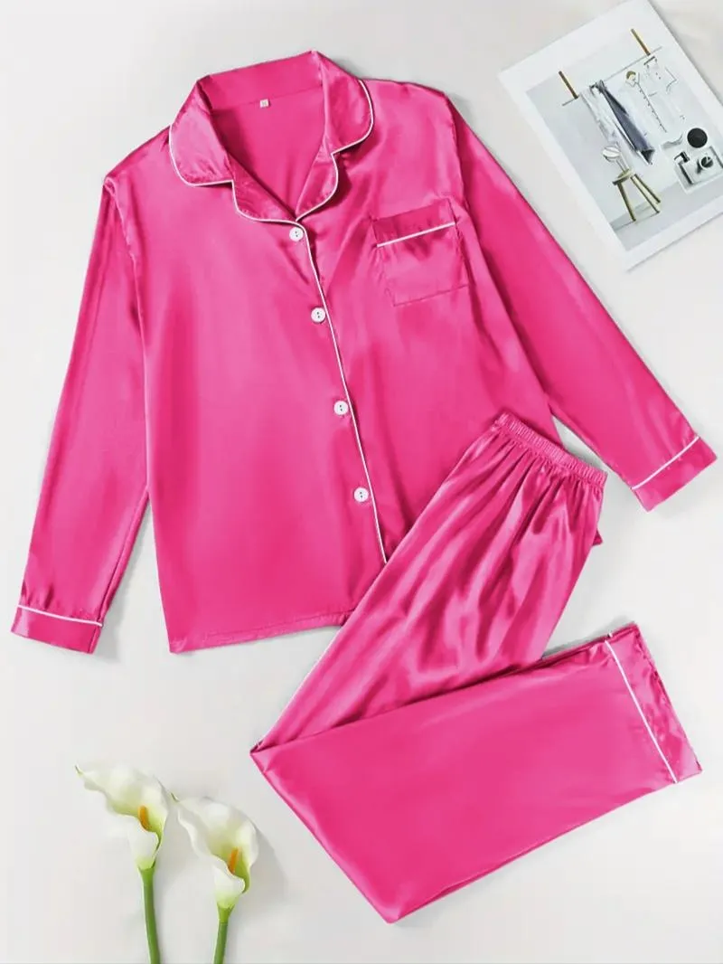 Two-Piece Set Women's Solid Contrast Binding Satin Pyjamas