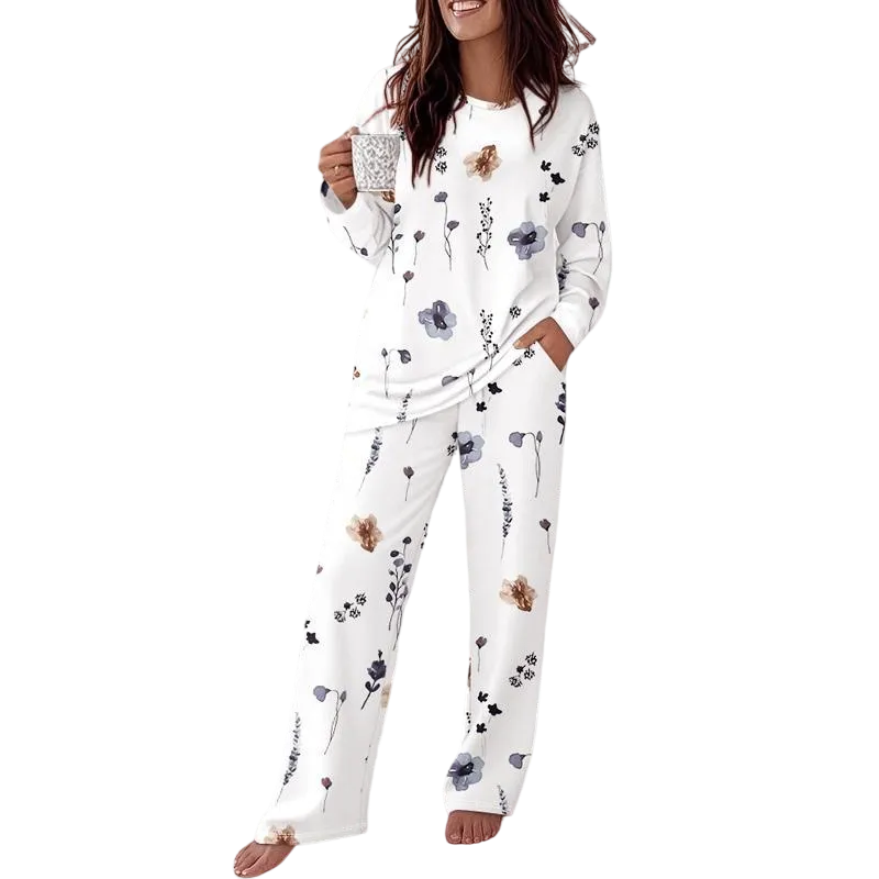 Women's Printed Crew Neck Long-Sleeved Top and Printed Trousers Set
