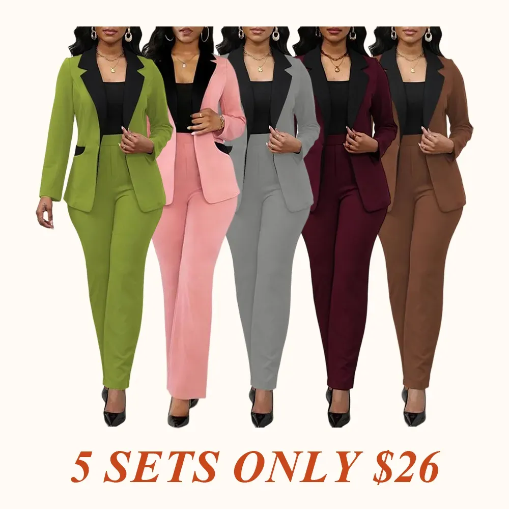 Women's Colorblock Blazer & Straight Leg Pants Set, Elegant Two-piece Set for Work Office Business, Ladies' Suits for All Seasons