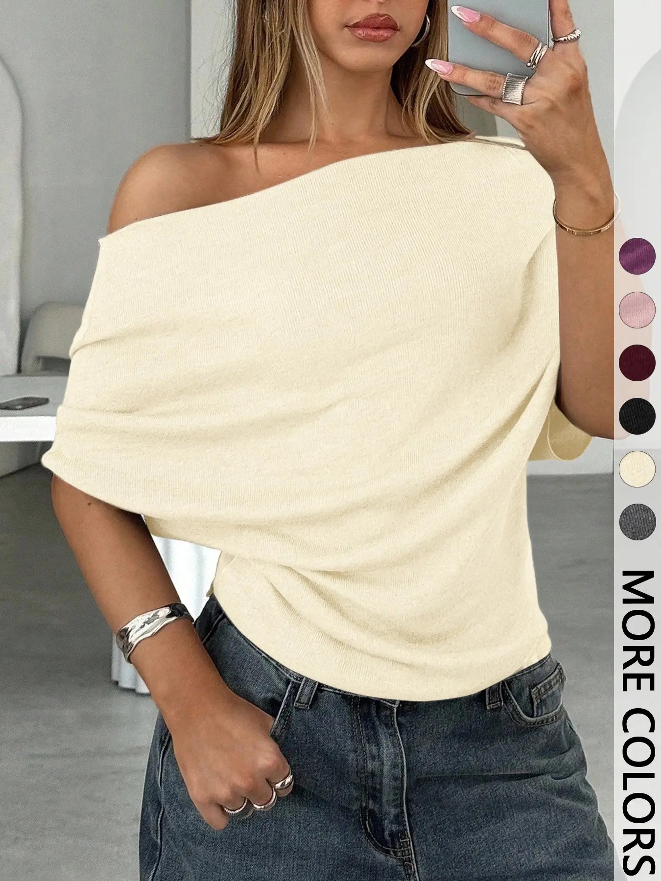 Women’s Asymmetric Neck Knit Tee – Slim Fit Everyday Top