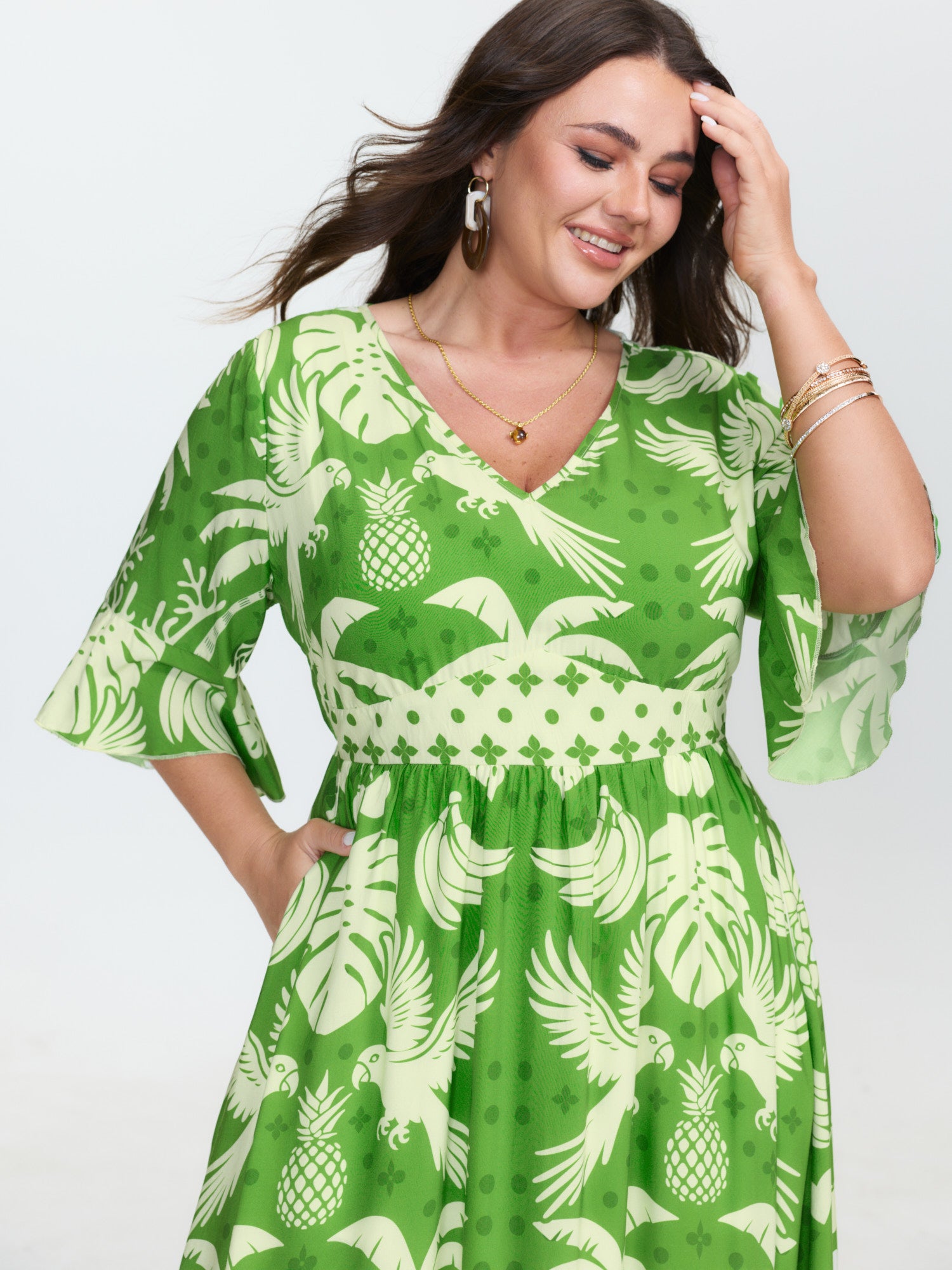 Breezy Tropical Print Waist Defining Maxi Dress