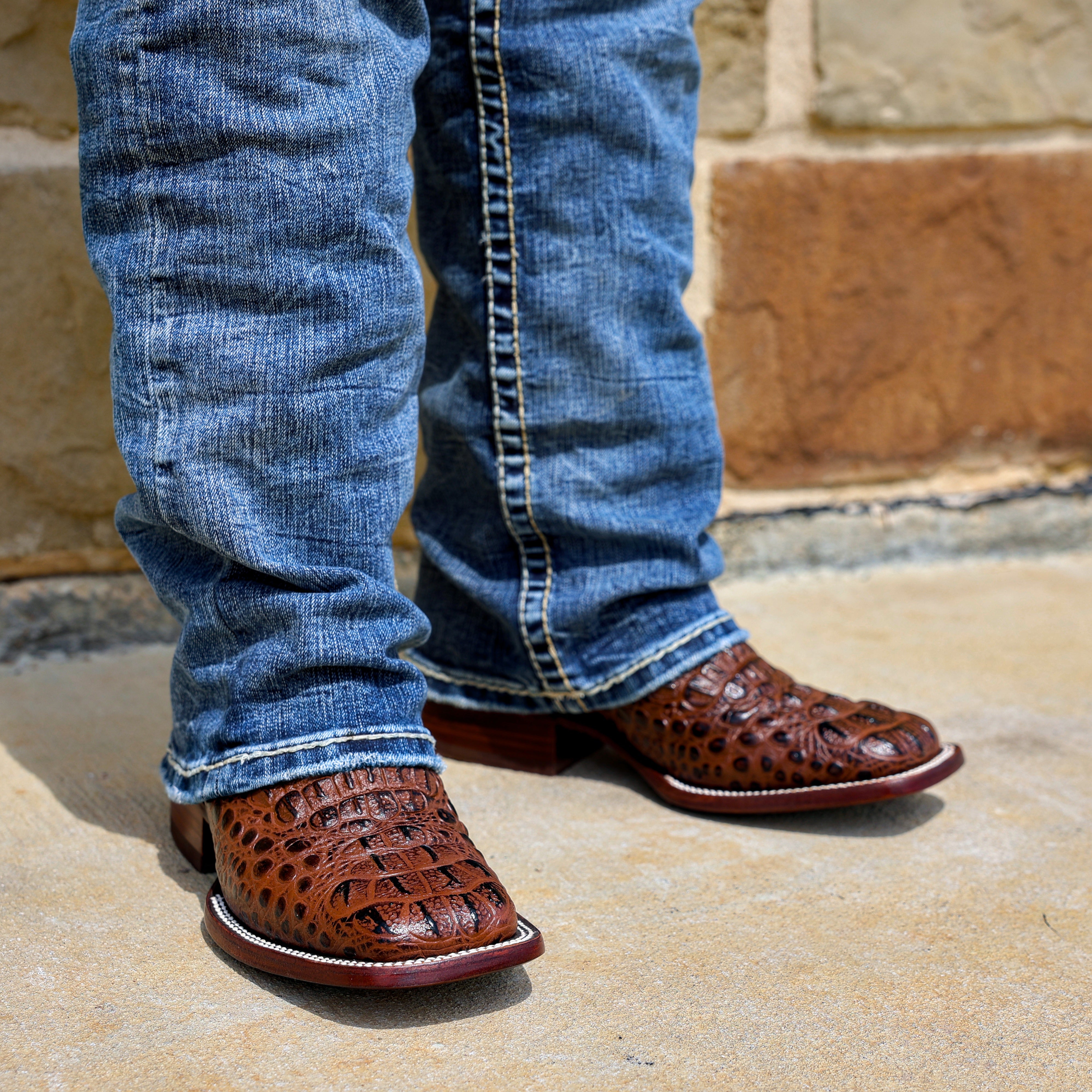 Brown Caiman Neck Leather Boots - Square Toe