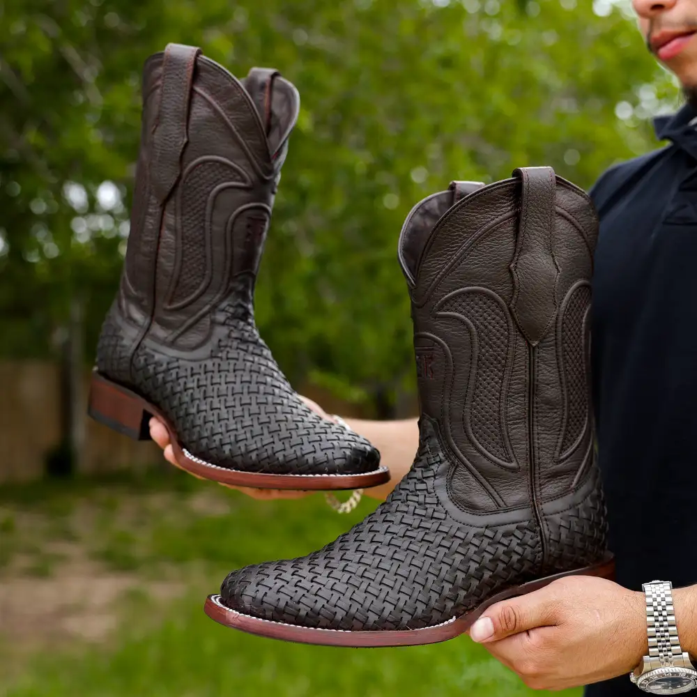 Brown Basketweave Boots - Square Toe