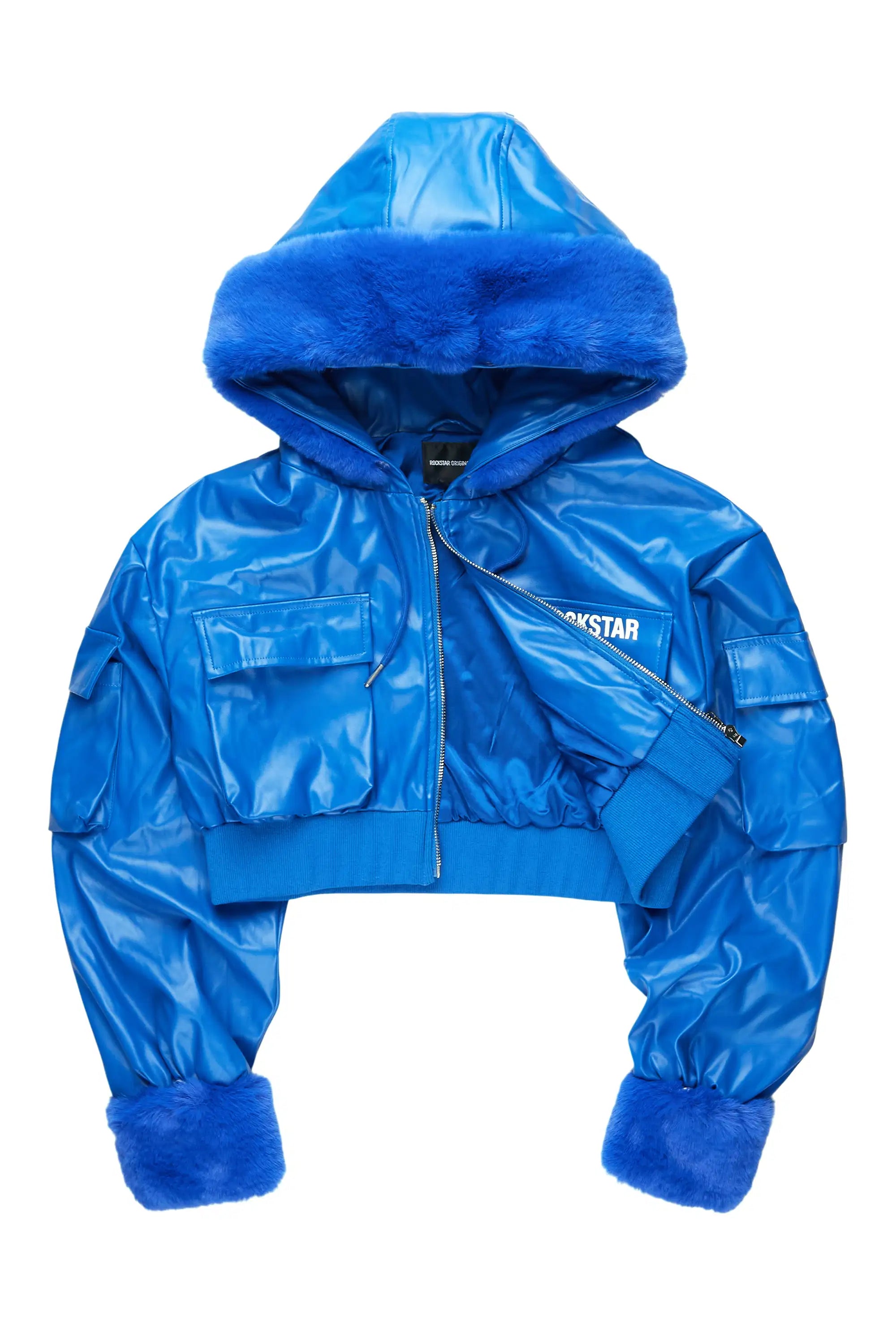 Amyia Royal Blue PU Jacket With Fur Hood