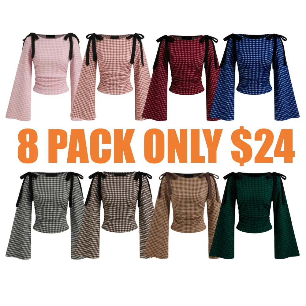 Gingham Bowknot Ruched Long Sleeve Top