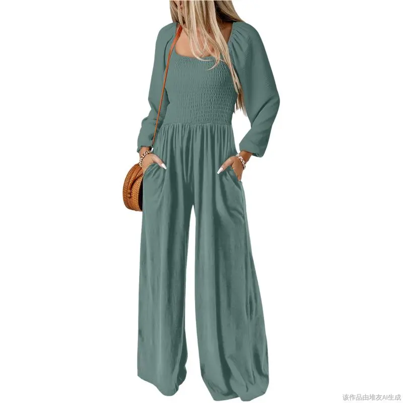 Women's Casual Loose Overalls Jumpsuits One Piece Long Sleeve Wide Leg Long Pant Rompers With Pockets
