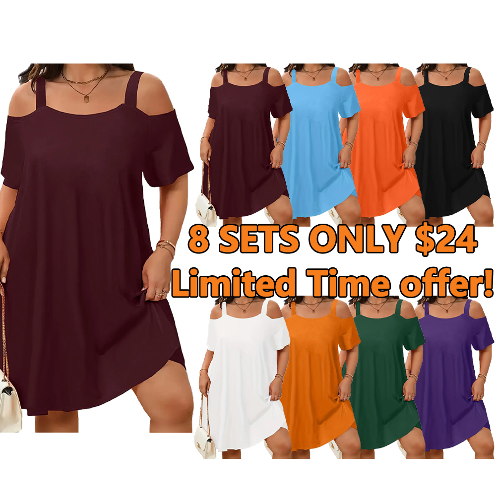 🔥8 PACK $24-Plus Size Women's off Shoulder Strapless Dress, 8 Colors Available
