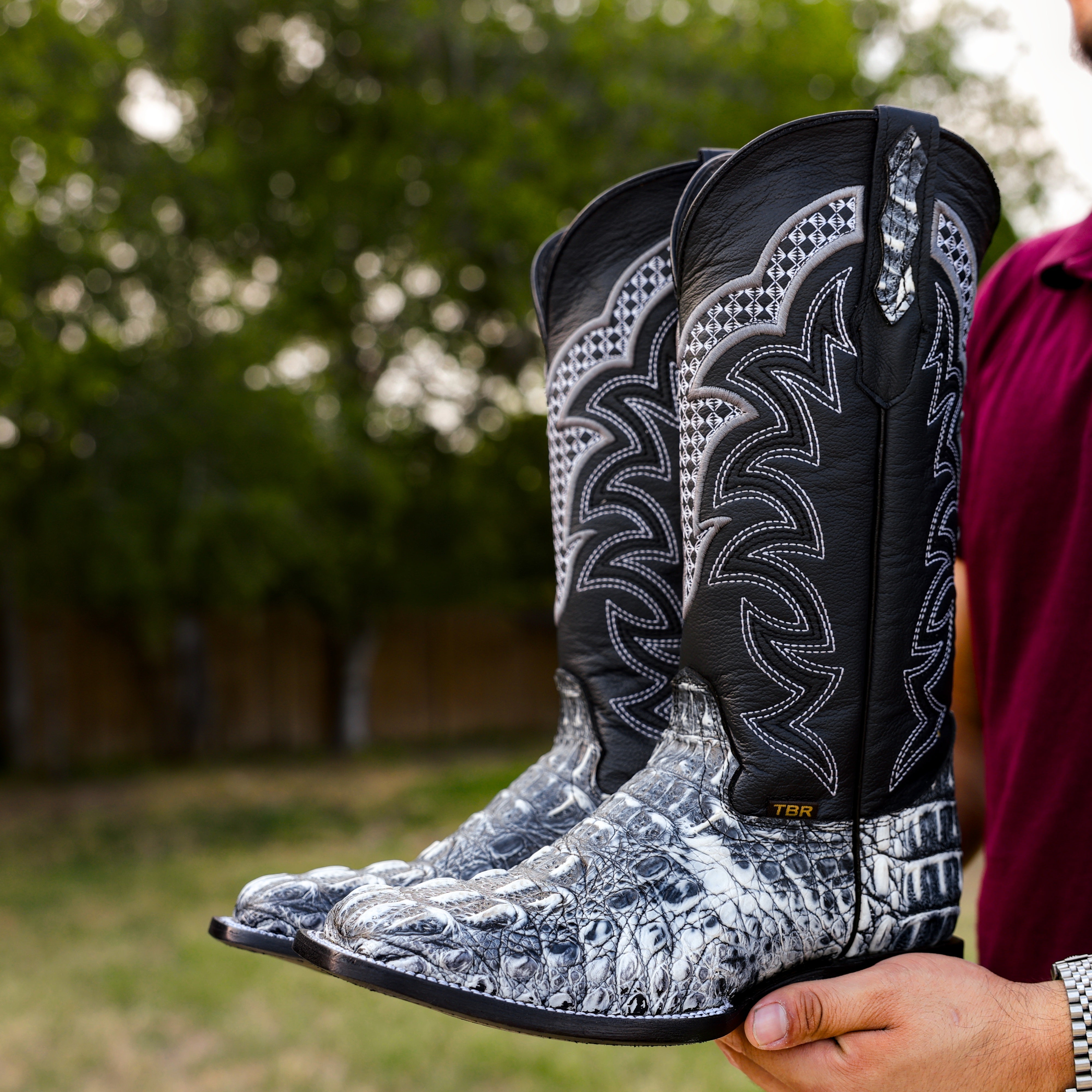 Rustic Eclipse Caiman Neck Leather Boots - Square Toe