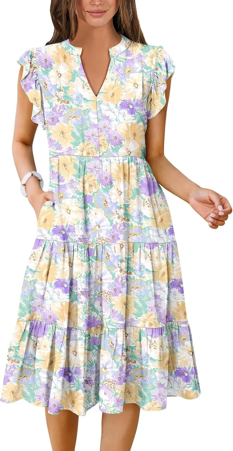 Women's Ruffle Sleeve V-Neck Tiered Midi Dress