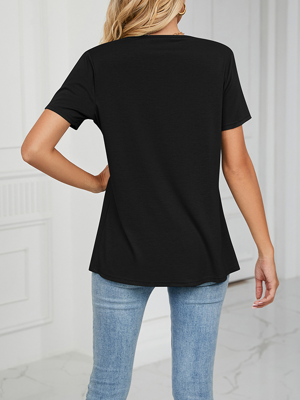 Pleated Solid Color Split-Joint Loose Short Sleeves Round-Neck T-Shirts