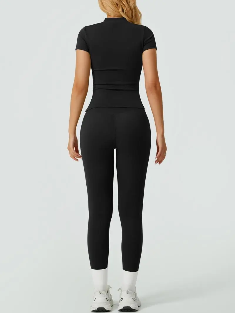 Women's Solid Ribbed Long Sleeve Tee & Leggings Sport Set