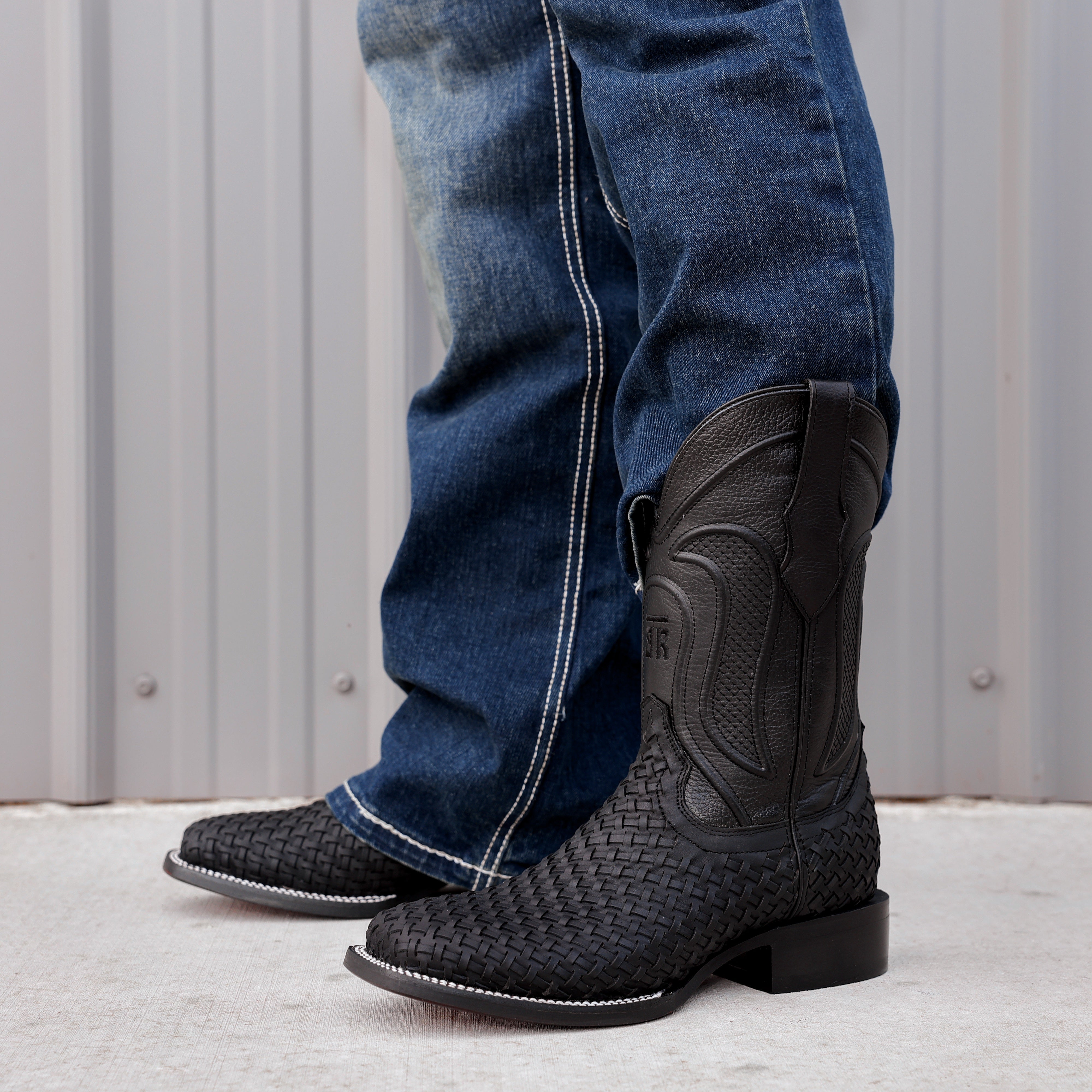 Black Basketweave Leather Boots - Square Toe