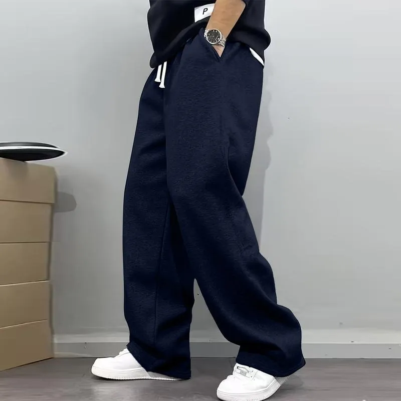 Men's Casual Fashionable Versatile Trendy New Plain Simple Drawstring Wide-Leg Long Pants