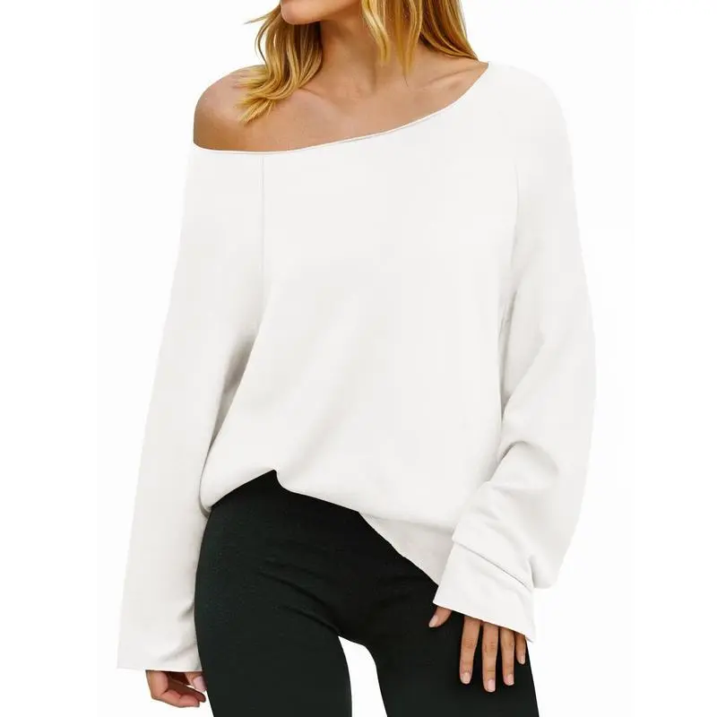 Womens Off the Shoulder Sweatshirts Wide Neckline Oversized Pullovers Long Sleeve