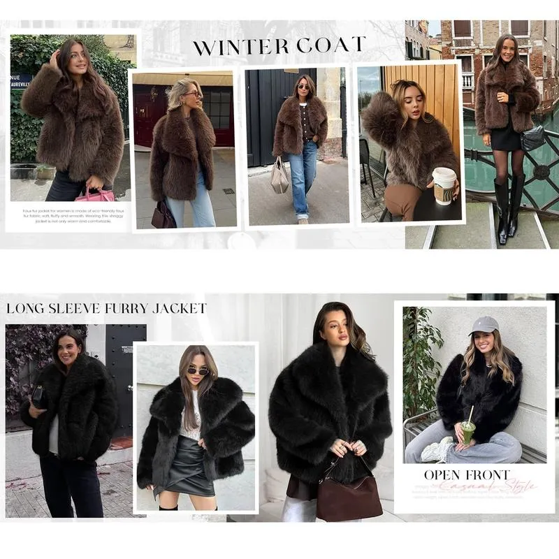 Women's Brown Faux Fur Coat Winter Fluffy Short Jacket