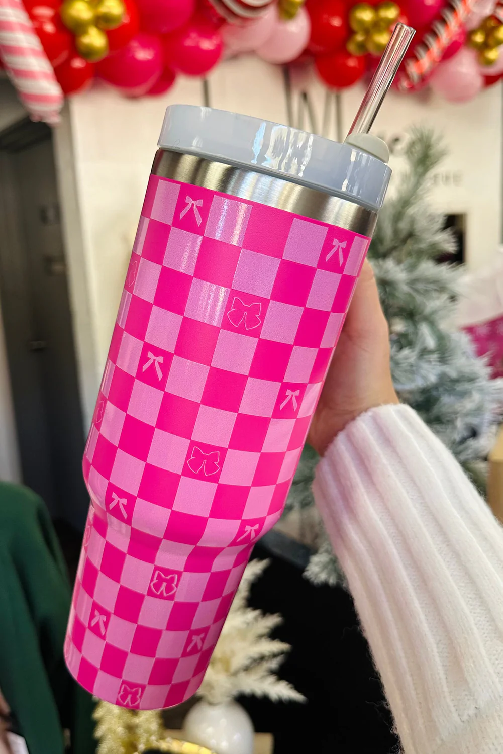 Bright Pink Bow Knot Checkered Print Large Stainless Steel Tumbler
