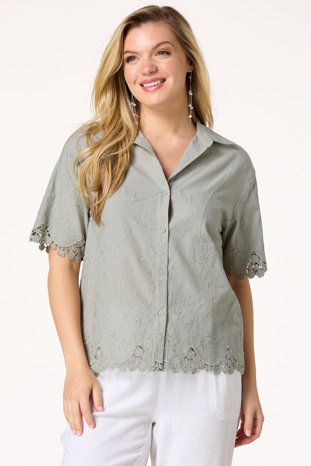Floral Embroidered Crochet Hem Shirt