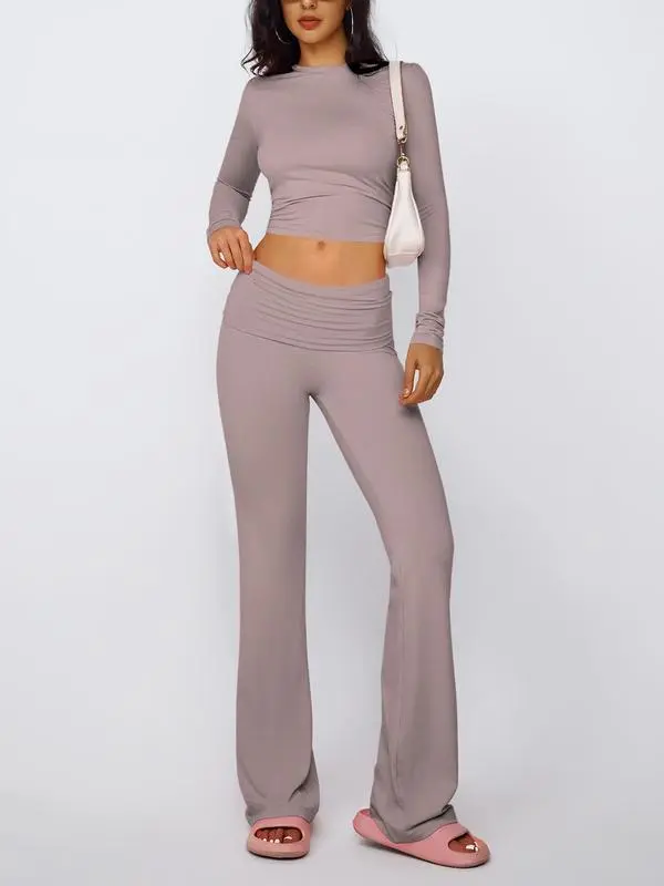 Women'S Solid Long Sleeve Crop Tee & Flare Leg Skinny Pants Loungewear Set