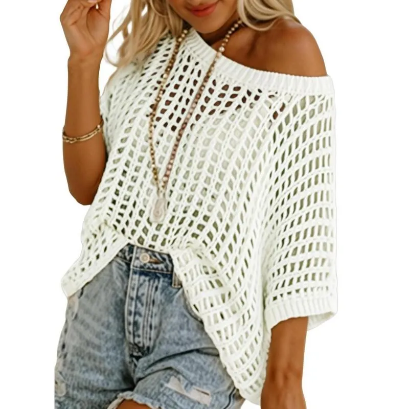 Womens Summer Scoop Neck Short Sleeve Sweater Casual Crochet Hollow Out Knit Tops