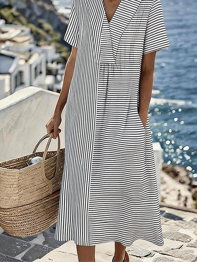 Women's Casual V-Neck Striped Loose Dress- Fast Shipping