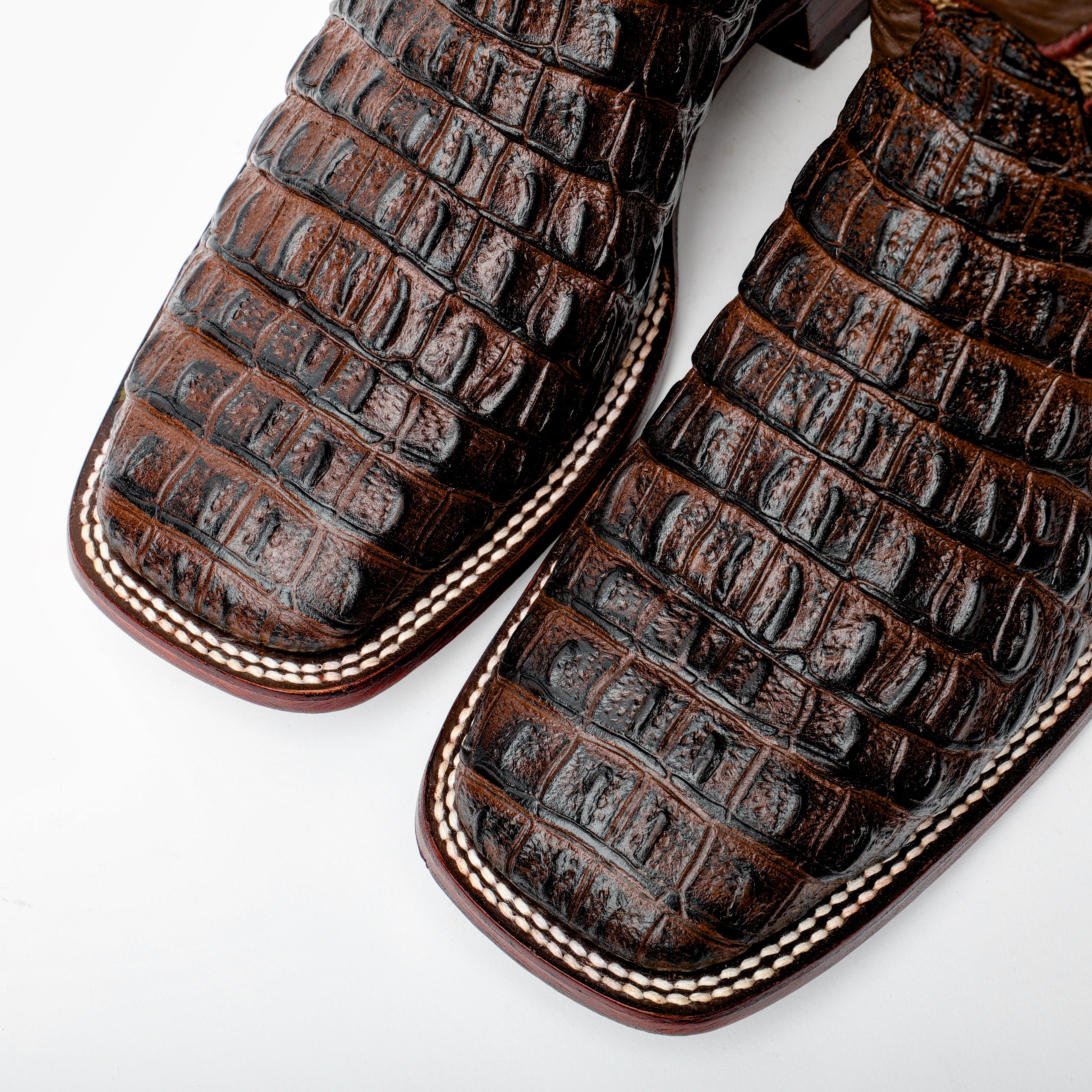 Brown Caiman Hornback Leather Boots - Square Toe