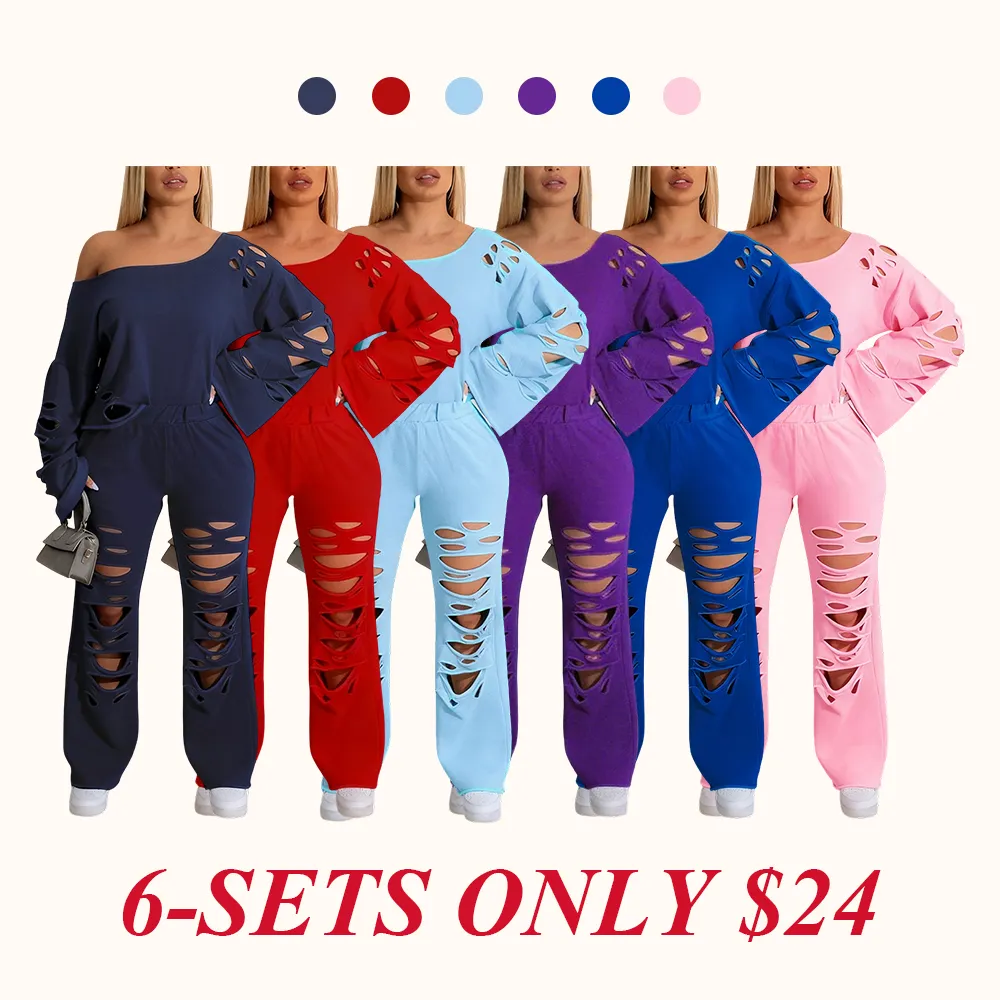 Women's Ripped Asymmetrical Neck Pullover & Wide Leg Pants Set