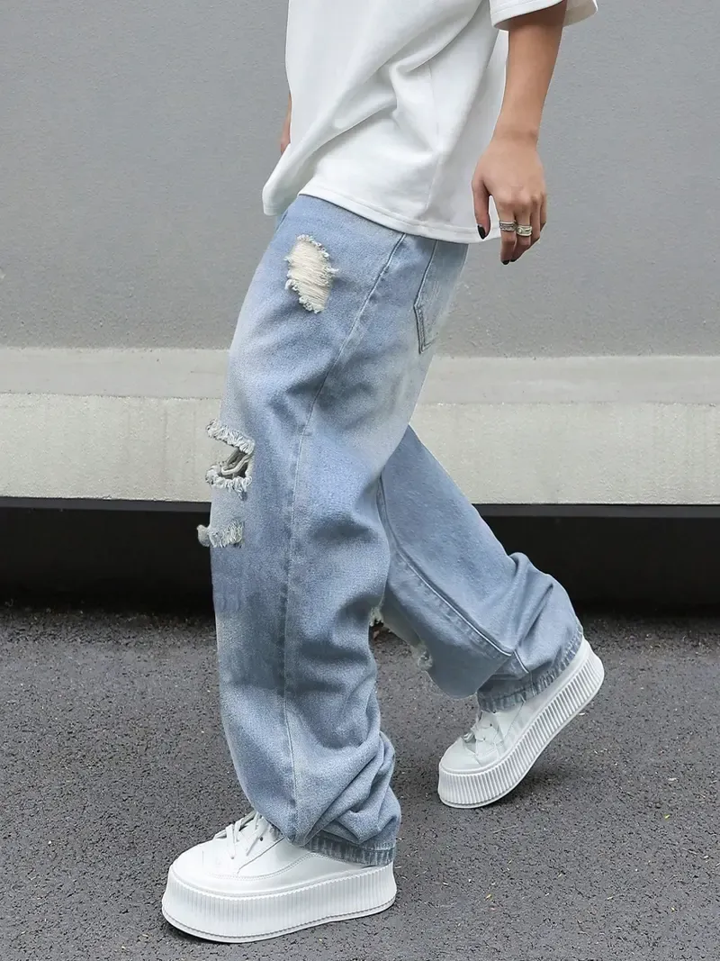 Men's Trendy Loose-Fit Jeans: American Retro-Style Distressed, Casual Wide-Leg Flared Denim