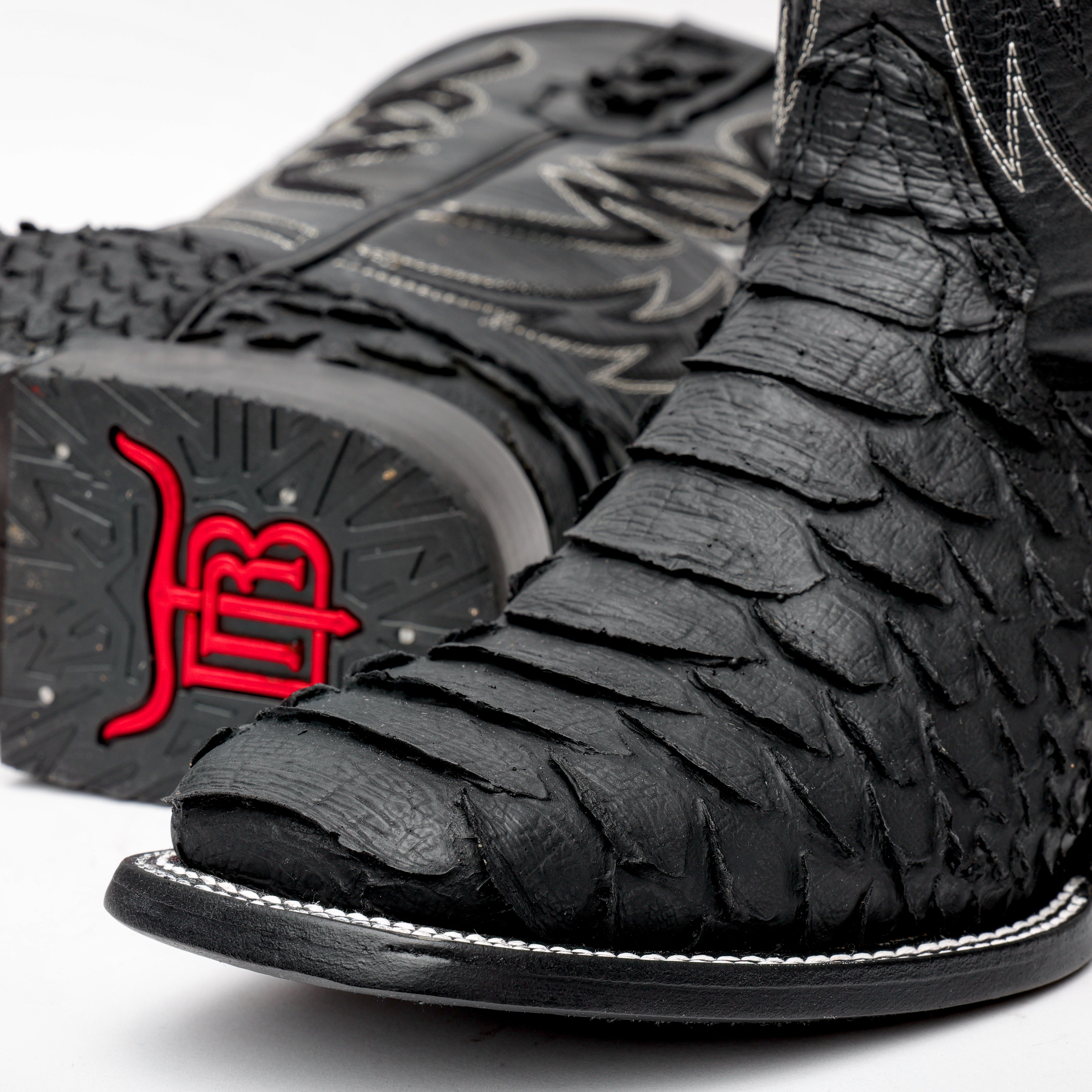 Matte Black Jumbo Python Leather Boots - Square Toe