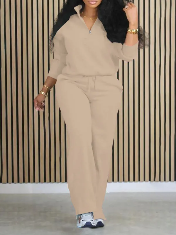 Women's Solid Half Placket Split Hem Pants Set