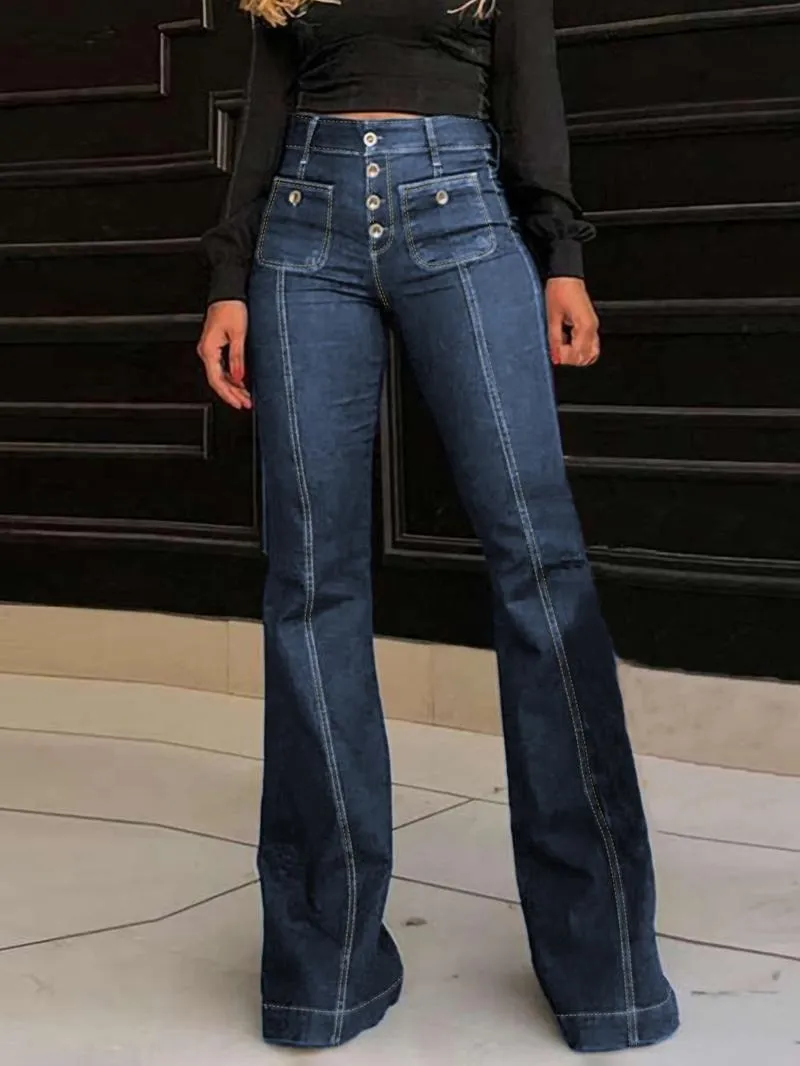 Women's Plain Flare Leg Jeans with Button & Pockets , Casual Bell Bottom Trousers for Daily Wear