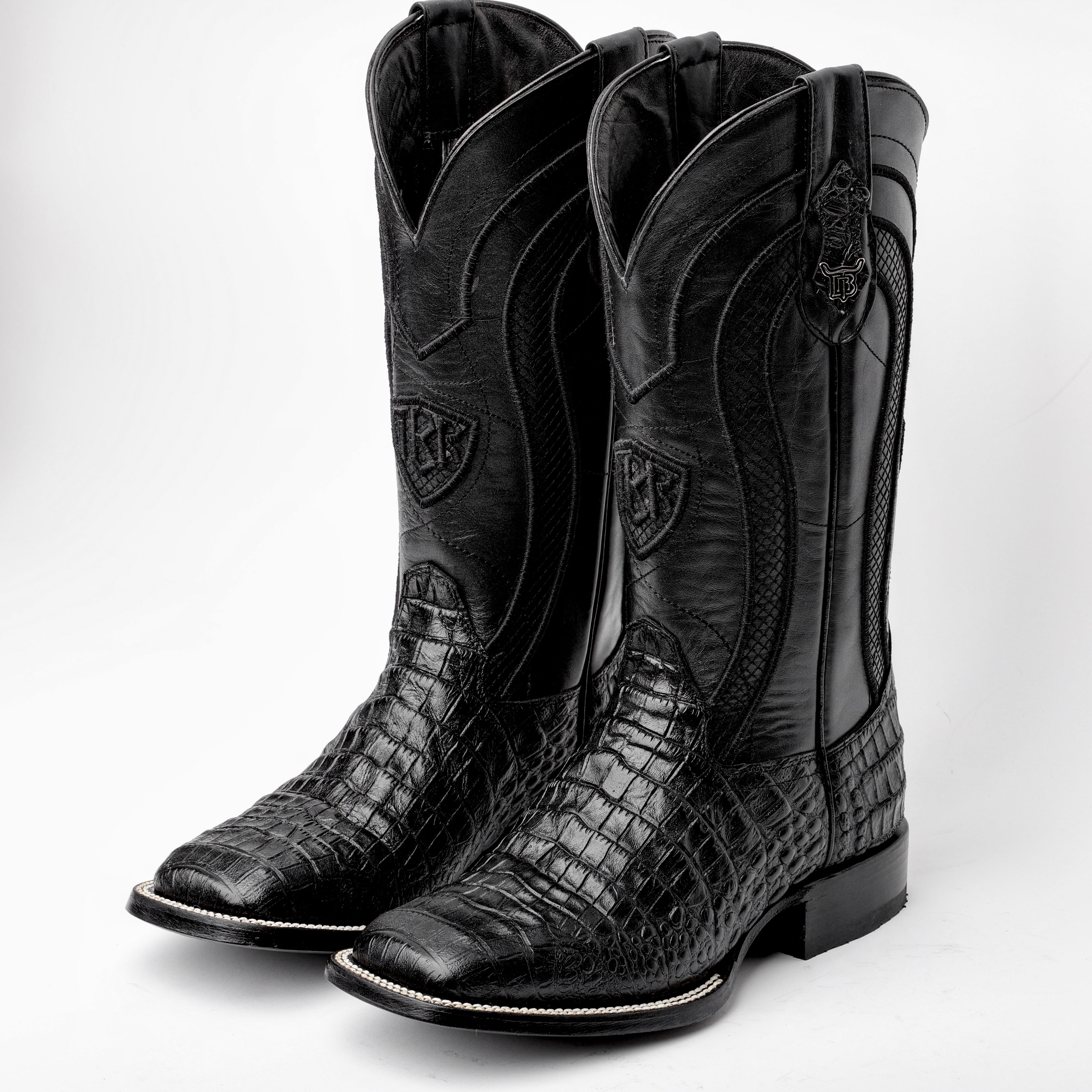 Total Black Caiman Belly Leather Boots - Square Toe