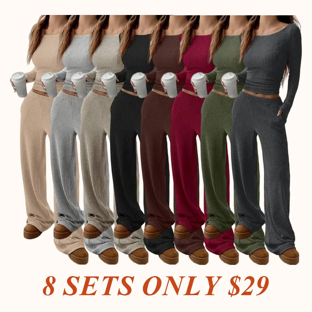 Women's Casual Striped Long Sleeve Top & Loose Pocket Pants Set