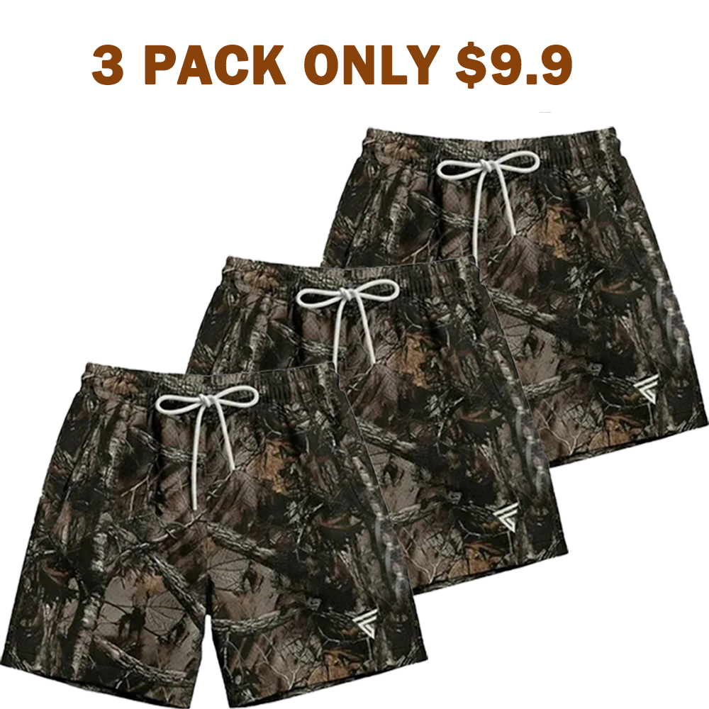 Men’s Hunting Camo Double-Layer Shorts – Breathable Gym/Running Shorts with Zip Side Pockets & Back Pocket