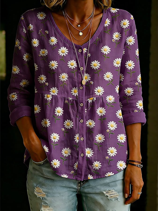 Women's Casual Floral Print Cotton Linen Top- Fast Shipping