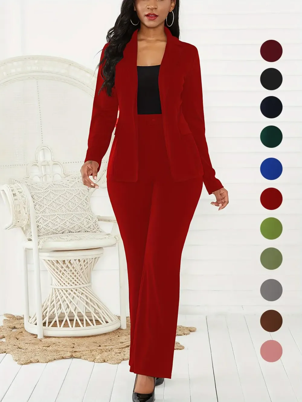Women's Two-Piece Set Plain Button Lapel Blazer & Suit Pants, Elegant Business Casual Long Sleeve Outerwear