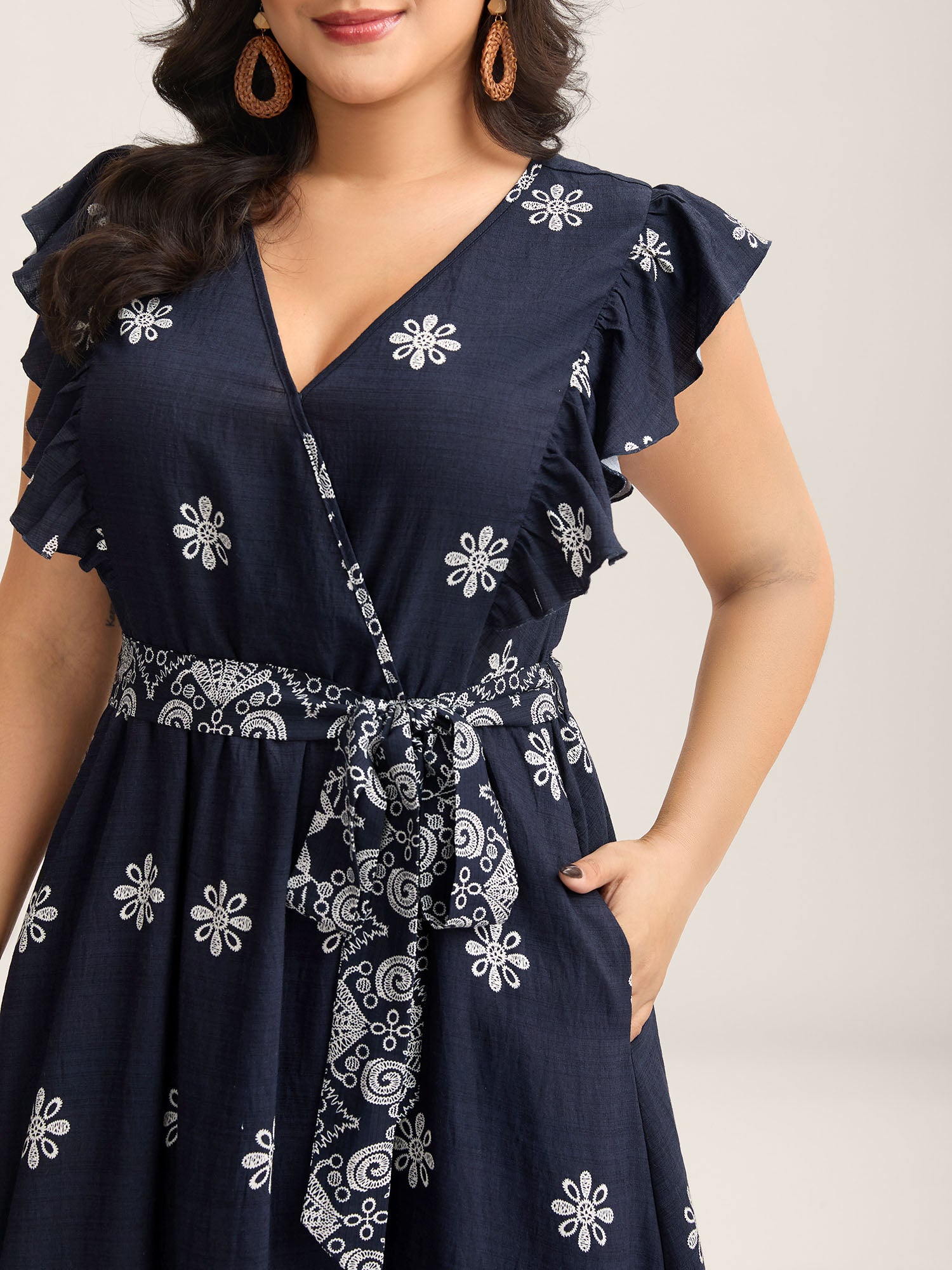 Rayon Stretchy Waist Pockets Flutter Maxi Dress