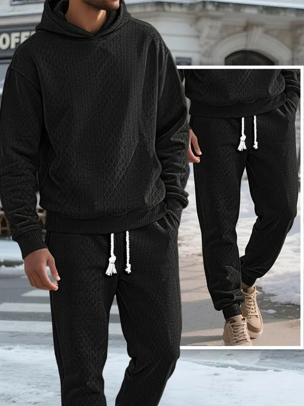 Two-piece men's solid color hooded sweatshirt and drawstring pants set