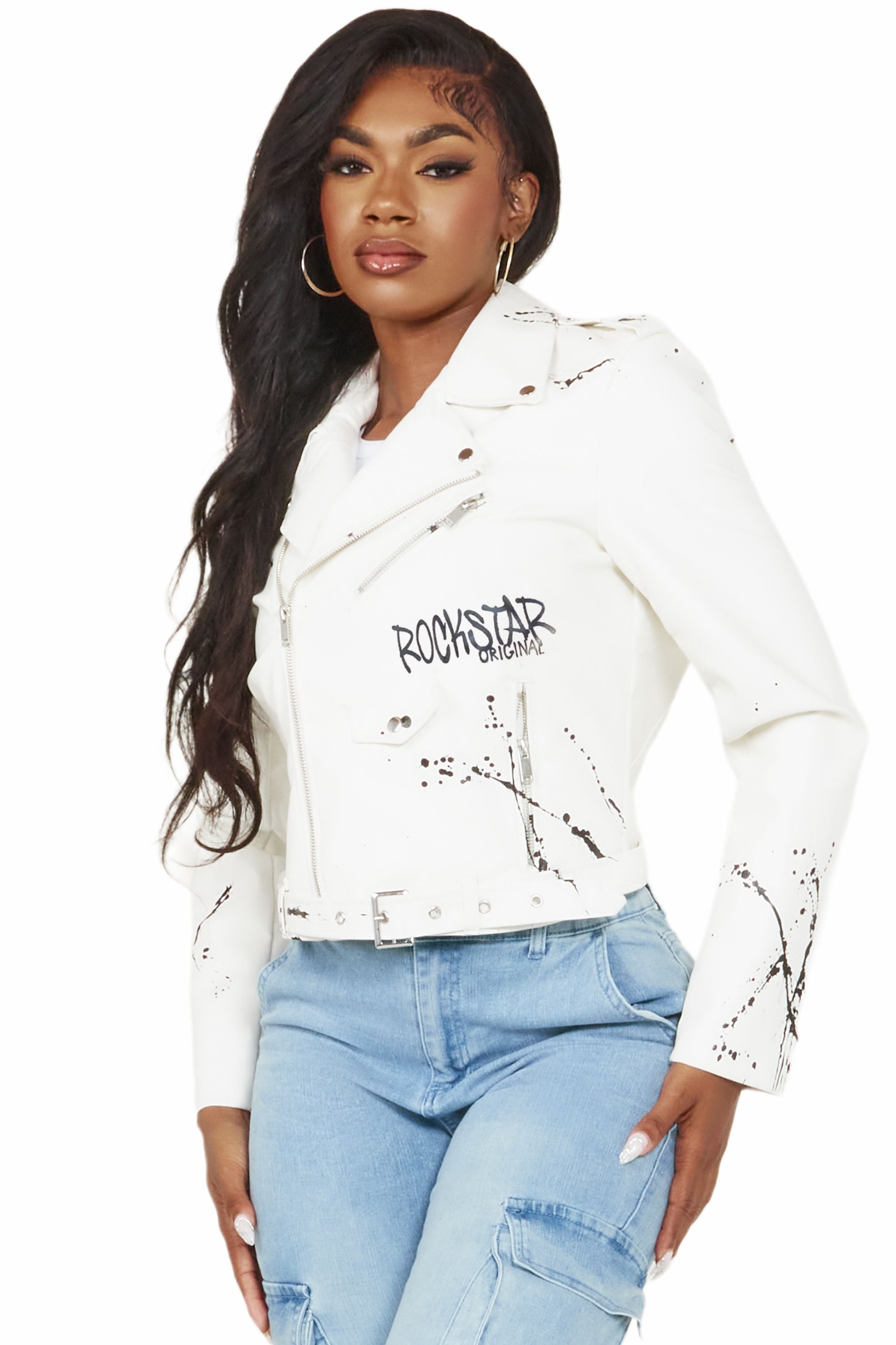 Indi White Drippy Biker Jacket