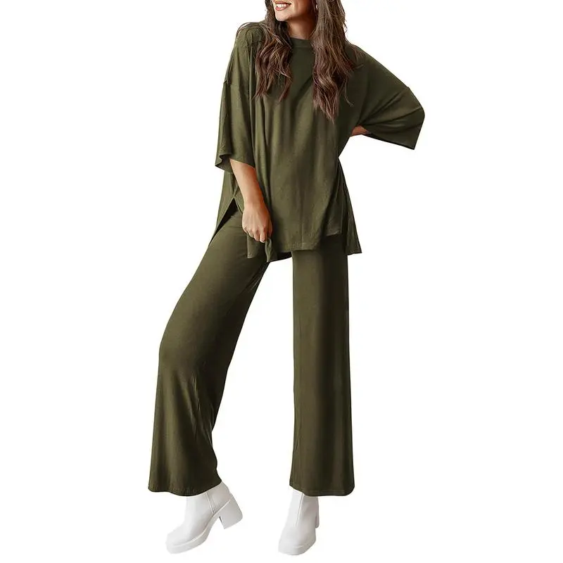 Women's 2-Piece Outfits Short Sleeve Pullover Tops Split Hem Wide Leg Pants Lounge Sets