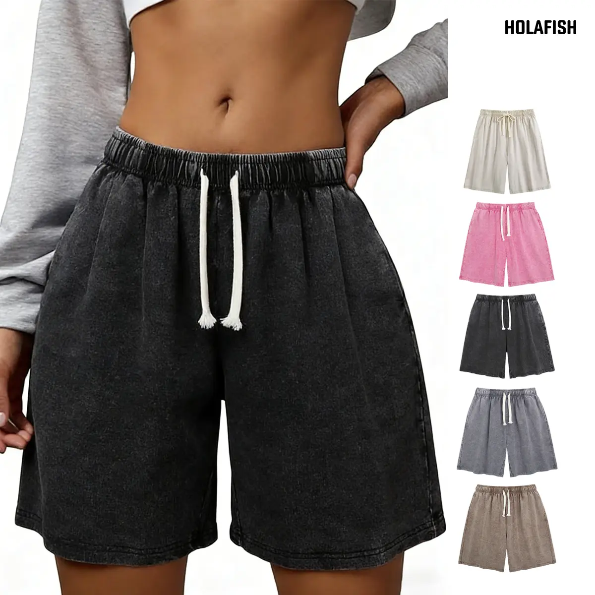 Holafish Retro Acid Wash Basic Unisex Tee & Shorts Cotton,7