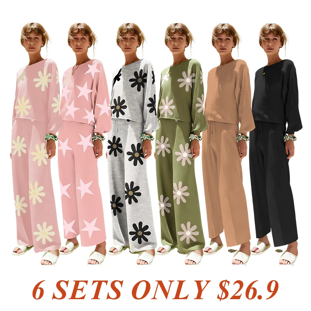 Womens Fall Winter Casual Solid Knitted 2 Piece Sets Long Sleeve Hoodie