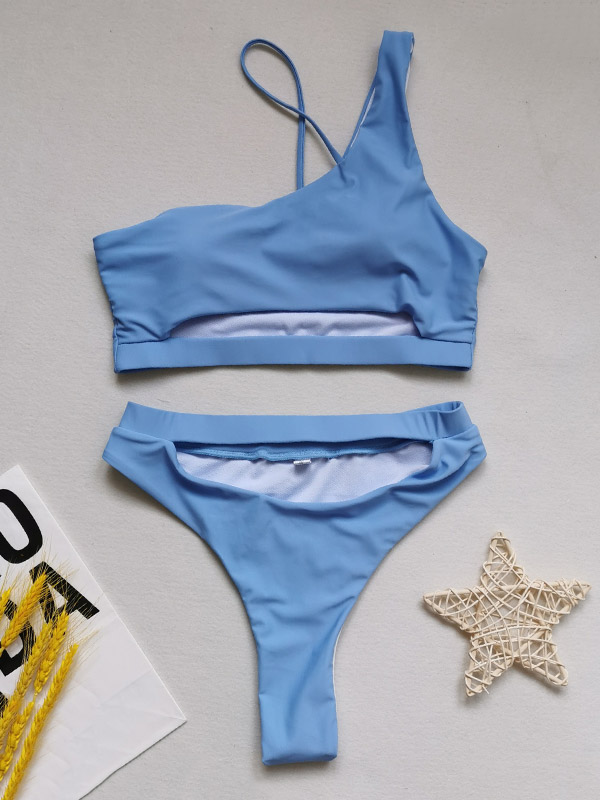 Fashion One-Sholuder Hollow Bralette High-Waisted Plain Bikini Swimwear