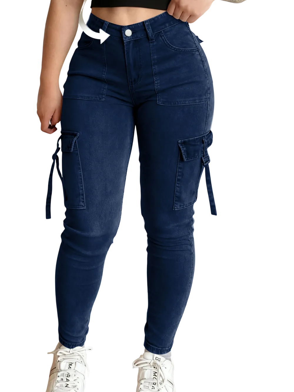Women's solid color multi-pocket denim cargo pants