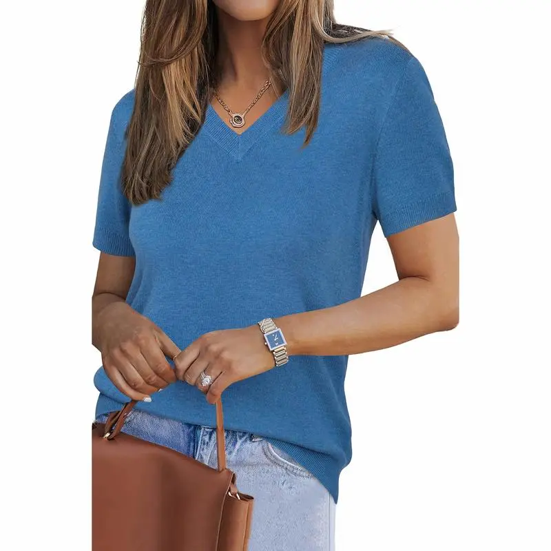 Womens Wool Blend Sweater Soft V Neck Short Sleeve Spring Fashion Pullover Tops