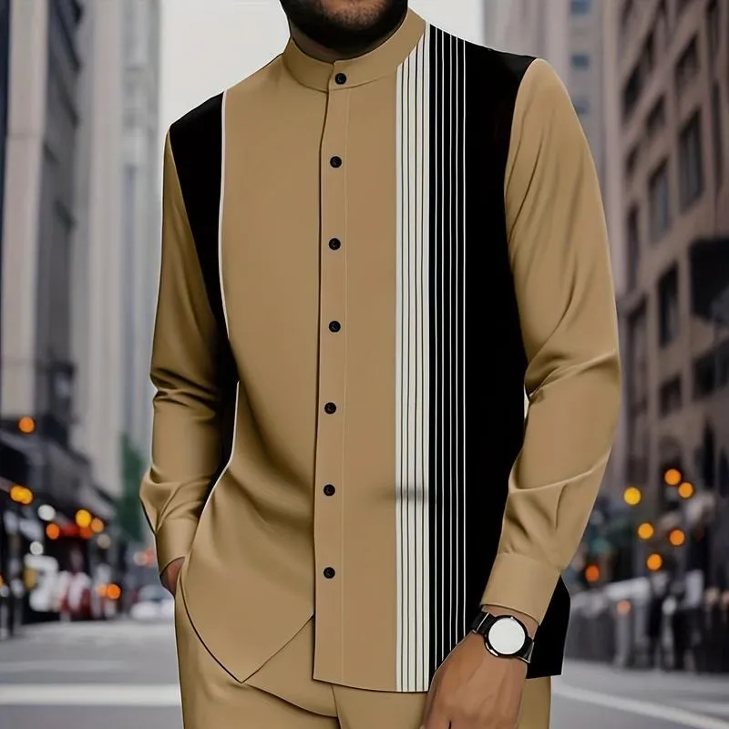 2 piece men's black and white vertical stripe graphic printed button up collar top and drawstring waist casual pants