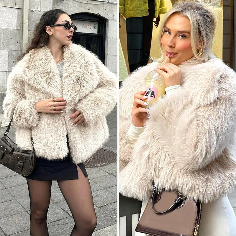 Women's Brown Faux Fur Coat Winter Fluffy Short Jacket