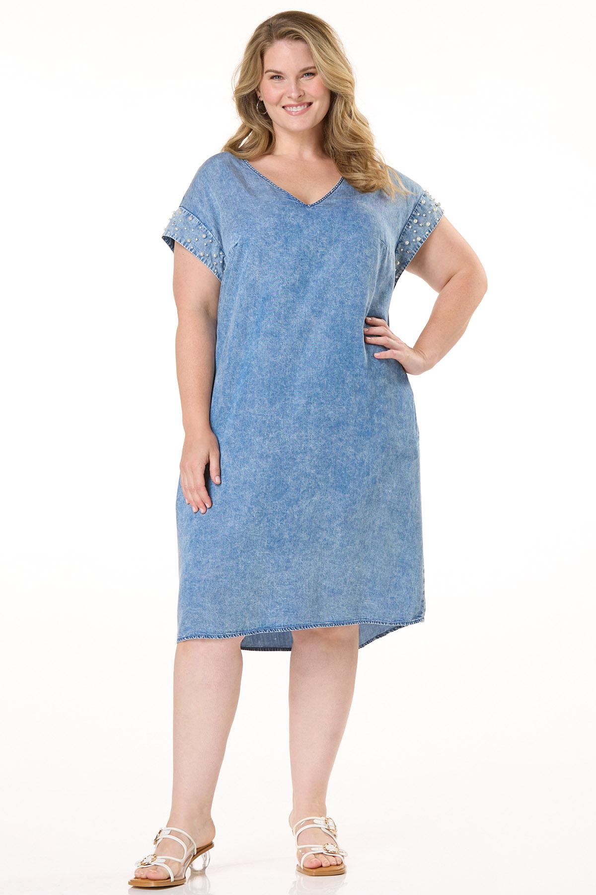 Plus Size Pearl Trim Denim Shift Dress