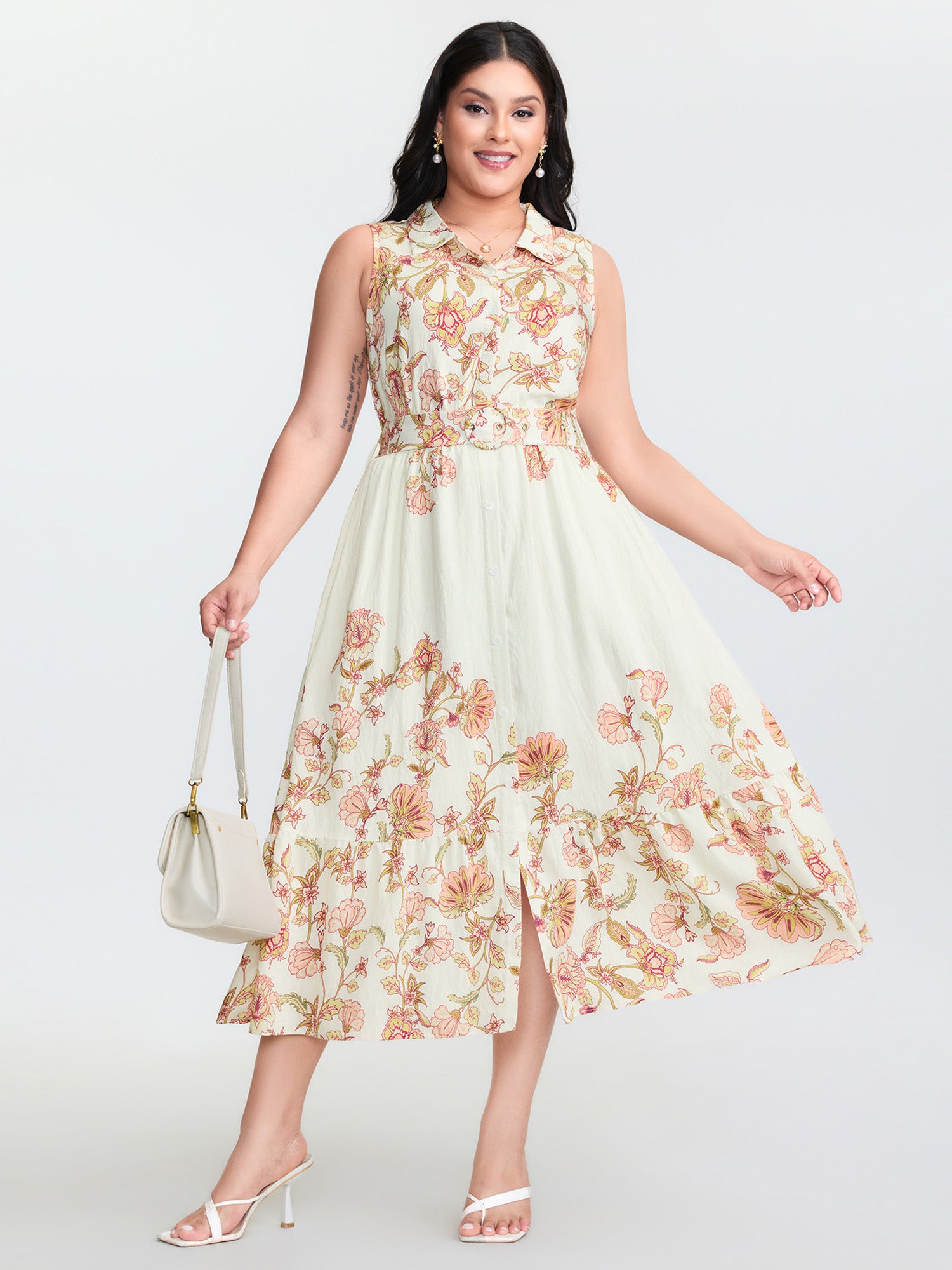 Soft Floral Print Collar Slit Midi Dress