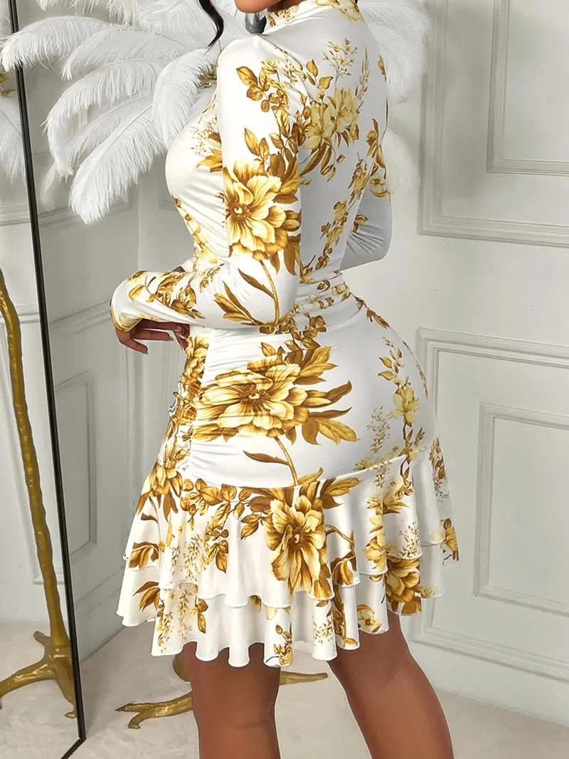 Women's Floral Stand-Collar Ruffled-Hem Mini Dress