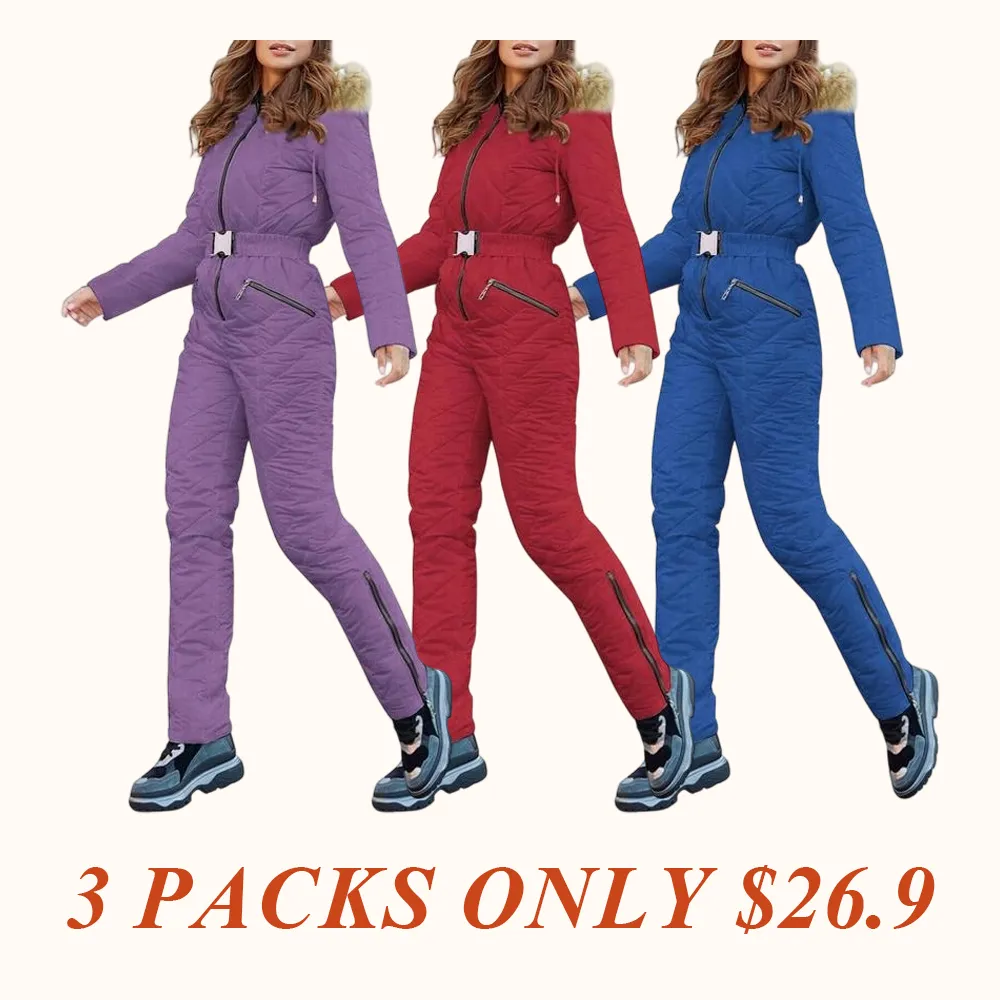 Women's Winter Ski Suit One-Piece Hooded Fur Collar Jumpsuit